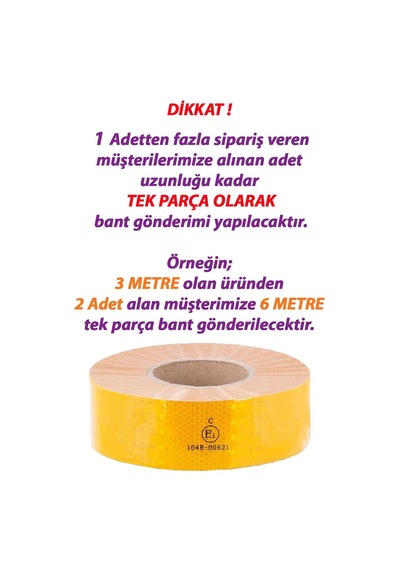 3 Mt Reflektörlü Reflektif Fosforlu Araç Oto Kamyon Şerit Bant Tüvtürk Onaylı Düz Sarı İkaz Bandı
