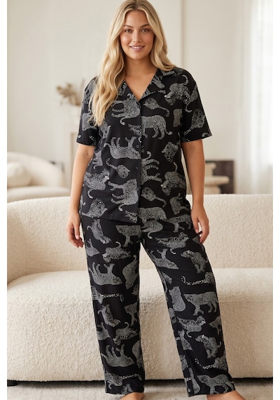 Siyah İnci Beden Battal Boy Düğmeli Örme Pijama Takım Siyah Kaplan