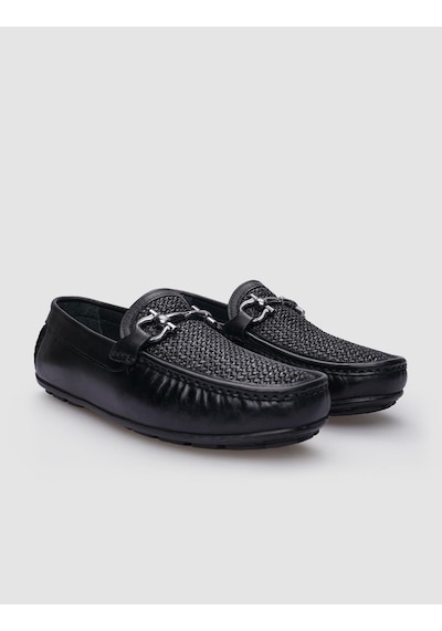 Cabani Borgino %100 Hakiki Deri Siyah Örgü Detaylı Erkek Loafer