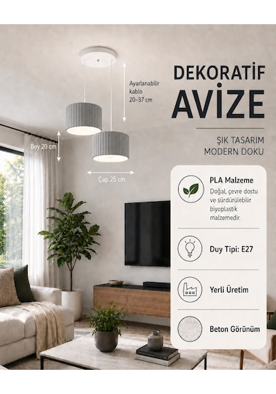 Lüx Form Avize Dekoratif Sarkıt Avize 25 Cm Salon, Mutfak, Balkon, Yatak Odası İçin Modern Aydınlatma - Gri