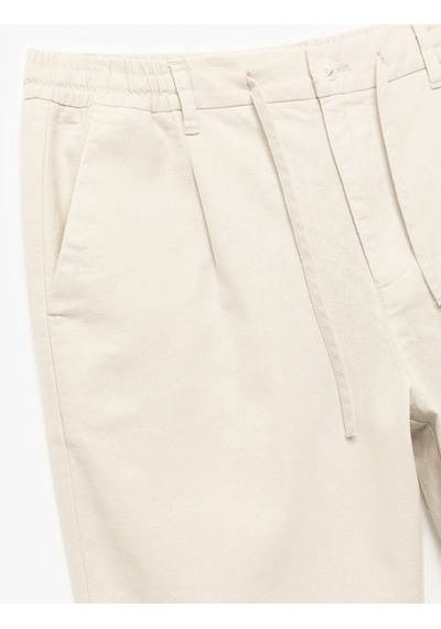 Koton Beli Bağcıklı Cep Detaylı Düğmeli Pileli Keten Pamuk Karışımlı Chino Pantolon Bej 5sam40182hw Ekru