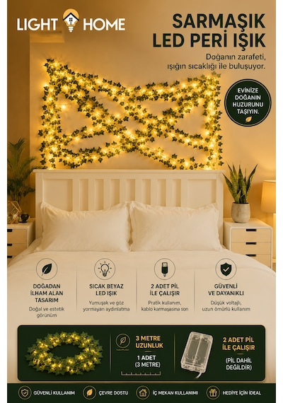 3 Metre 30 Led Li Yapay Sarmaşık Peri Işık Balkon, Bahçe, Oda Ve Duvar Dekoru Sarı