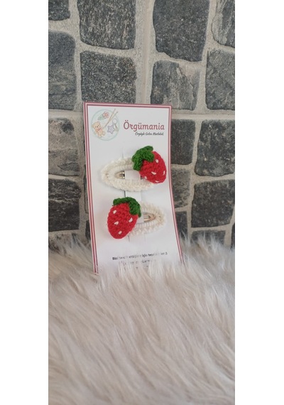 Örgümania Çilekli Çıtçıt Toka Çilek Toka El Örgüsü Toka Beyaz - Kırmızı