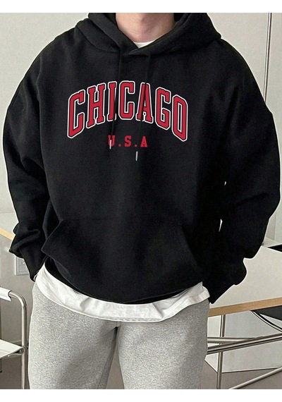 Startmore Startmorechicago Abd Mektup Baskılı Erkek Günlük Kapüşonlu Sweatshirtler Her Şeyle Uyumlu Polar Sweats Siyah
