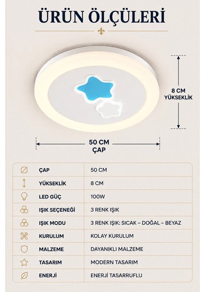 Modern Premium 3 Renkli Ledli Tavan Plafonyer Avizesi Yıldız Desenli 50 Cm Çocuk Odası Şık 100w Beyaz