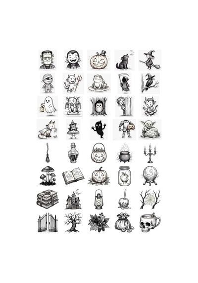 Cadılar Bayramı Minimalist Doodle İkon Sticker Seti 40 Adet Ajanda Scrapbook Journal Planner Çok Renkli
