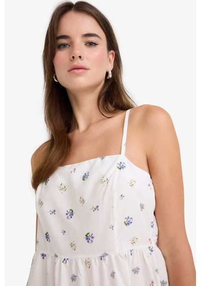 Defacto Kare Yaka Floral Poplin Askılı Midi Elbise F8909ax25auwt32 Beyaz