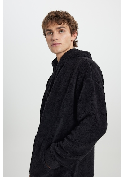 AC&Co / Altınyıldız Classics Erkek Sıyah Oversize Bol Kesim Kapüşonlu Polar Siyah