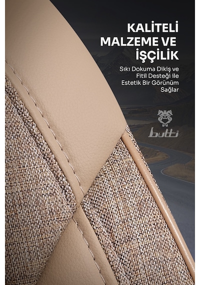 Bej - Bej Butti Bello Serisi Keten Kumaş Premium Oto Koltuk Kılıfı Ortopedik Destekli, Ön Arka Tam Set