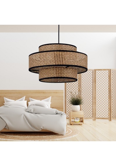 Otantik Trio Metal Kasalı Kahve Hasır Kaplama Rattan Salon Avize Üç Katlı Pasta Yatak Odası Sarkıt Kahve - Siyah