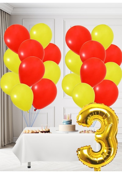 3 Yaş Sarı Kırmızı Taraftar Temalı Doğum Günü Seti Sarı Kırmızı Balonlar Altın Folyo Rakam Sarı