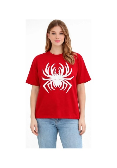 Hazego Örümcek Baskılı Tişört Kısa Kollu Bisiklet Yaka T-shirt - Kırmızı