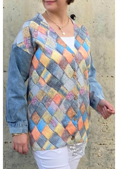 Mia Butik Büyük Beden Rengarenk Baklava Desenli Hırka Rengarenk