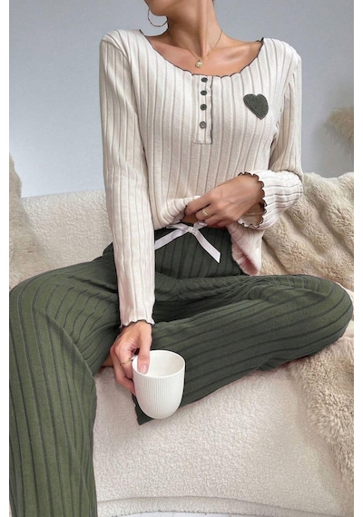 Bella Notte Nakışlı Yeşil Pamuklu Kalp Detaylı Pijama Takımı Haki