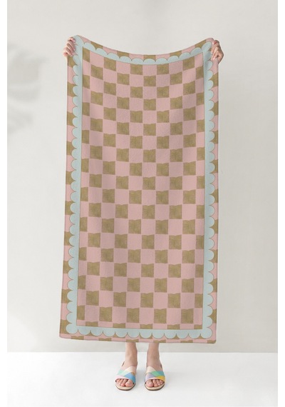 Pembe Ekose Şeritli Plaj Havlusu - Modern Bohem Pastel Kareli Hızlı Kuruyan Mikrofiber Havlu Berrak Melisa