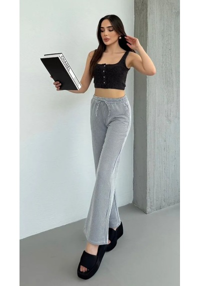 Thiffgymwear Yandan Cepli Beli Bağcıklı Su Yolu Kadın Çizgili Pantolon Siyah