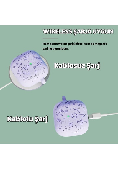Airpods 4. Nesil Ve Airpods 5. Nesil Uyumlu Çiçek İşlemeli Premium Silikon Kulaklık Kılıfı Ve 3'ü 1 Arada Bluetooth Kulaklık Temizleme Kalemi Seti Lila