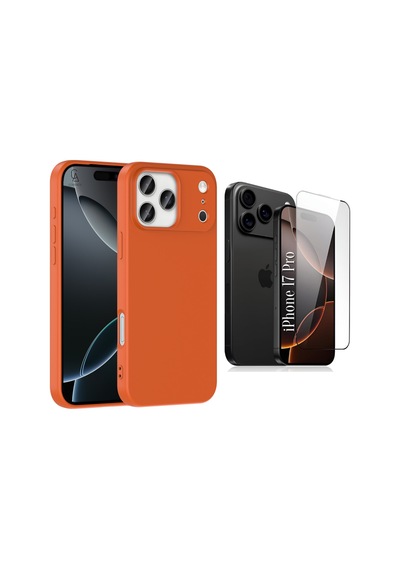 Apple Uyumlu iPhone 17 Pro Içi Kadife Lansman Kılıf Ve 5d Tam Kaplayan Cam Ekran Koruyucu Turuncu