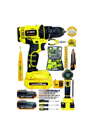 Böhrer 32s Böhr 58v 5ah Darbeli Metal Şanzıman 32 Parça Full Set Yellow Çift Akülü Şarjlı Vidalama Matkap
