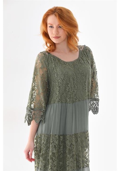 Eren Style İtalyan Sunshine İpek Detaylı Dantelli Elbise-9033 Haki