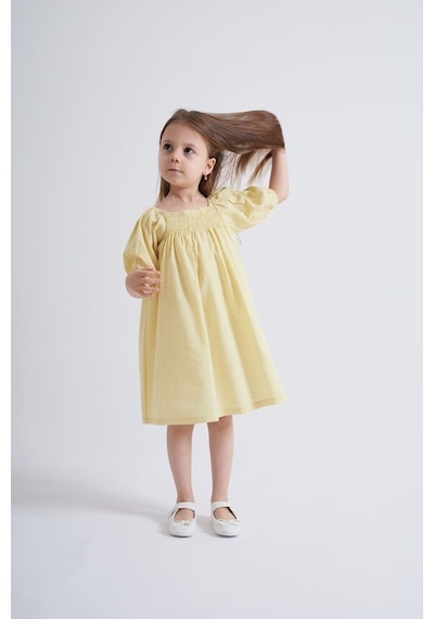 Oliventhekid Sarı Sıra Lastikli Kız Çocuk Elbise Sarı Sarı