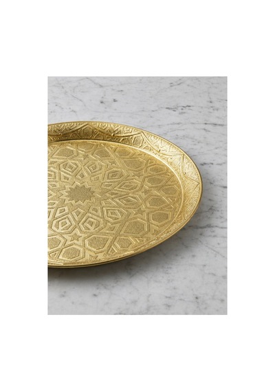 Selçuklu Motifi Zamak Metal Yuvarlak Lüks Servis-tepsisi - 35 Cm gold
