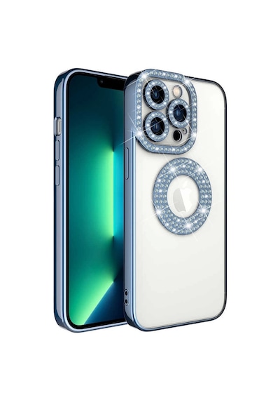 Apple Uyumlu iPhone 13 Pro Kılıf Kamera Korumalı Taş Süslemeli Arkası Şeffaf Redclick Asya Kapak - Mavi