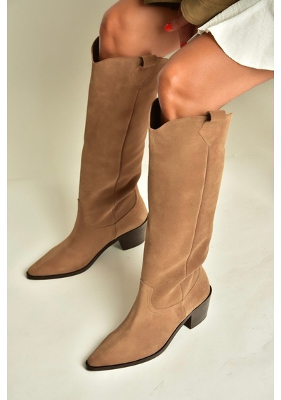 Fox Shoes Z654182361 Vizon Hakiki Deri Süet Kalın Topuklu Kovboy Model Kadın Çizme