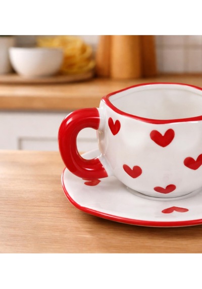 Seramik Tabaklı Handmade Tasarımlı Kupa - Renk Seçenekli Kalp Desenli Renkli