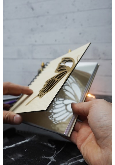 Kelebek Desenli Ahşap Kapaklı Defter - Ajanda - Günlük - Çizgisiz Defter - Notebook - Hediyelik