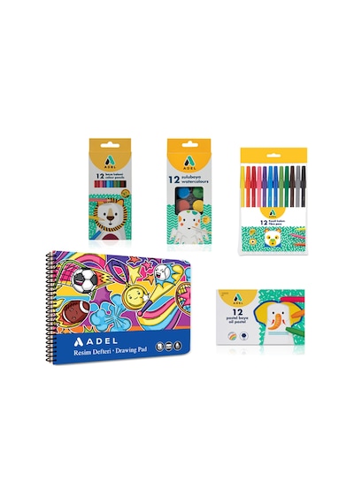 4 Lü Set,resim Defteri 25x35,kuru Boya,keçeli Kalem,pastel Boya,suluboya Karma Renk Gönderilir Çok Renkli