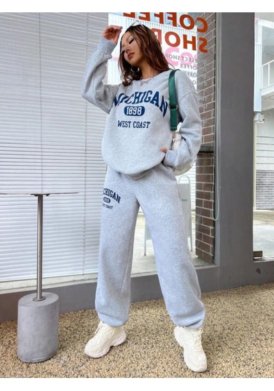 Mıchıgan Baskılı Bisiklet Yaka Gri Sweatshirt Ve Siyah Eşofman Altı Eşofman Takımı Gri