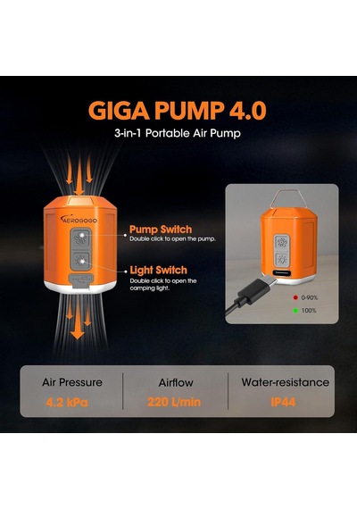 Aerogogo Gıga Pompa, 4 Mini Hava Pompası, 4,2 Kpa, Kamp Feneri İle, Taşınabilir Hava Pompası, Şarj Edilebilir Hava