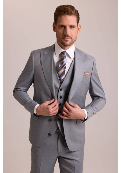 Erkek Gri Bej Slim Fit Sivri Yaka Yelekli Yün Takım Elbise Gri - Bej