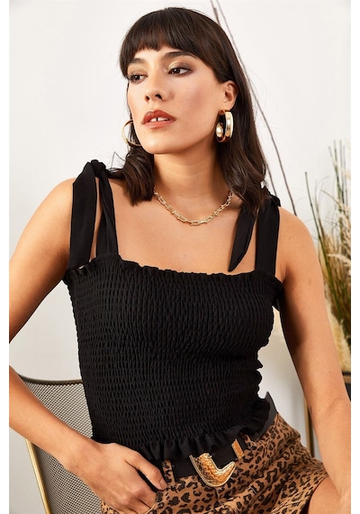 Aqe Fashion Kadın Siyah Askılı Crop Bluz Siyah