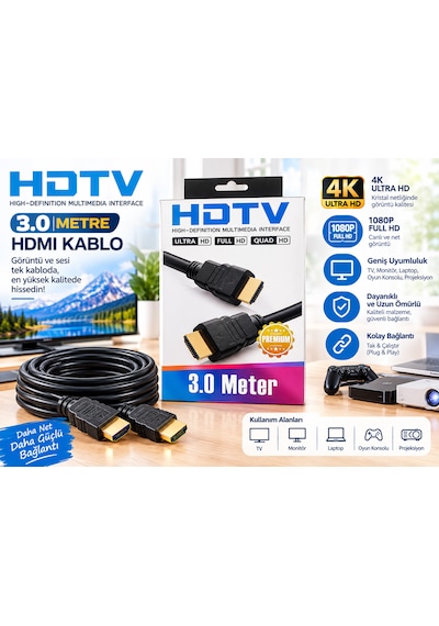 Radem Hdtv 3 Metre Hdmı Kablo 4k Ultra Hd Görüntü Ve Ses Destekli Tv Pc Laptop Oyun Konsolu Projeksiyon