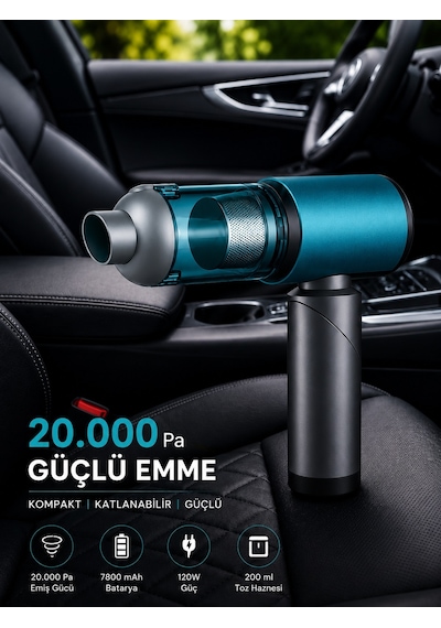 20.000 Pa Kablosuz Araç Süpürgesi 120w Güçlü Emiş 7800 Mah Şarjlı El Süpürgesi 8 Başlıklı Hepa Filtreli Mini Vakum Mavi