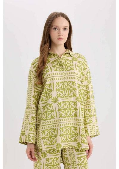 DeFacto Relax Fit Desenliı Keten Karışımlı Uzun Kollu Tesettür Gömlek Tunik D8184AX25SPGN698