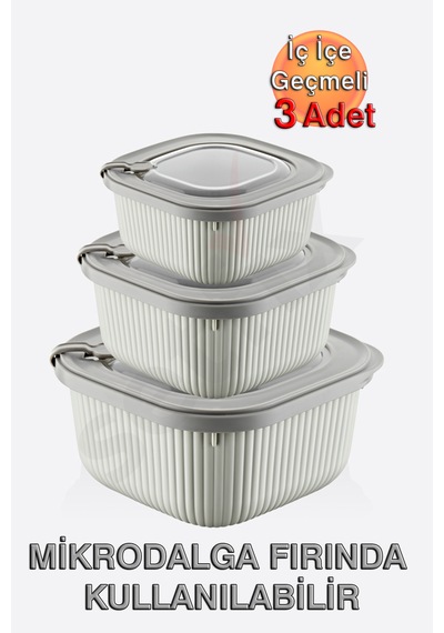 Micro Line Kare Saklama Kabı 600, 1100, 1800 Ml Üçlü Set Bej