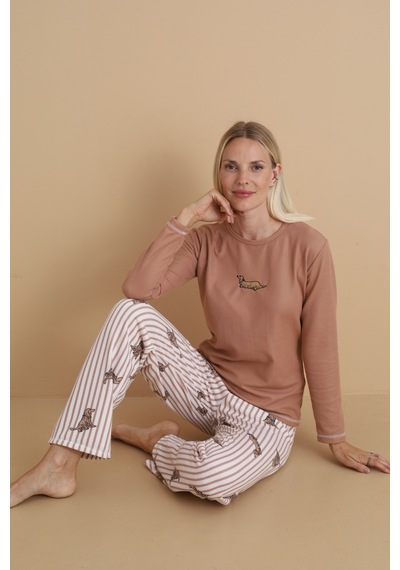 Wordex Mırano 3103 Waffle Soft Kumaş Köpek Desenli Kışlık Ev Kadın Pijama Takımı Vizon