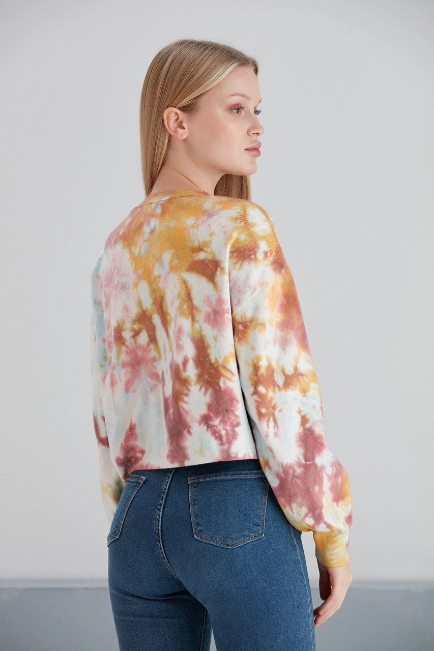 Mamayaga Kadın Batik Desen Crop Boy Sarı Pembe Bej Triko Kazak Pembe