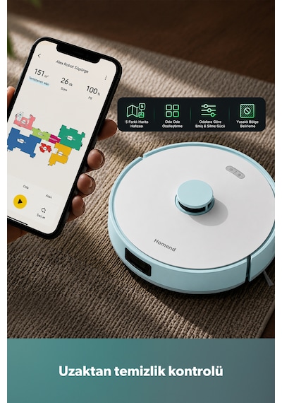 Homend Alex 30 20.000 Pa Otomatik Boşaltım Sistemli Moplu Robot Süpürge Mavi - Beyaz