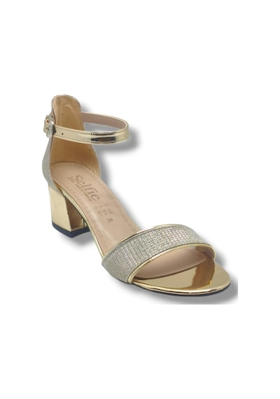 Selfie 4270-26 Simli Rugan Tek Bant Orta Topuk Fashion Kadın Sandalet 5,5cm Altın