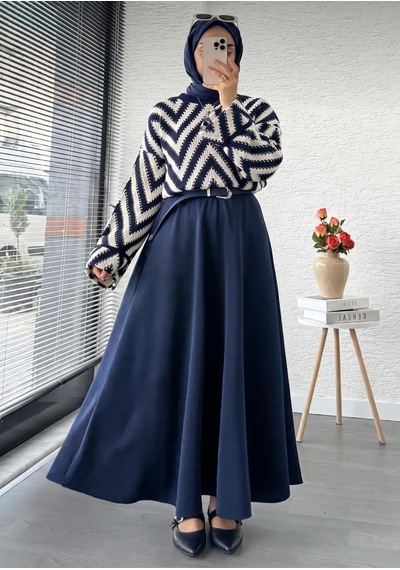 Trend Paris Retro Zigzag Desenli Oversize Örgü Triko Kazak Lacivert Standart