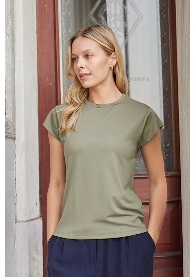 Jument Kadın İpeksi Kumaş Geniş Sıfır Yaka Kısa Kol Tshirt Bluz-haki