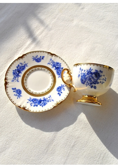 Porselen Gold Kahve Fincanı Altın Çiçekli 2 Kişilik 4 Parça Blue Rose Altın