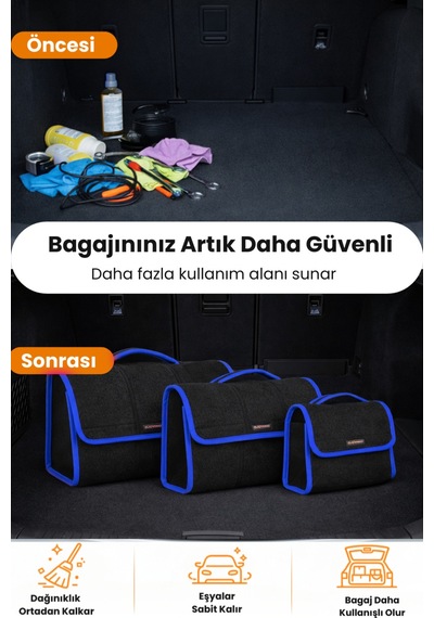 Oto Bagaj Organizer Bagaj Çantası 3'lü Kombo Kaymaz Cırt Bantlı Velur Kompakt - Siyah Mavi
