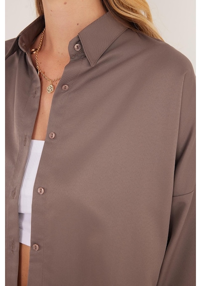 Tudors Kadın Oversize Rahat Kesim Spor Yaka Uzun Kollu Basic Düz Vizon Gömlek-36880 Gri