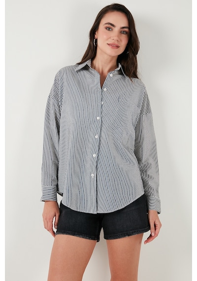 Lela Regular Fit Uzun Kollu Cepli Çizgili Bayan Gömlek 6772895 Siyah