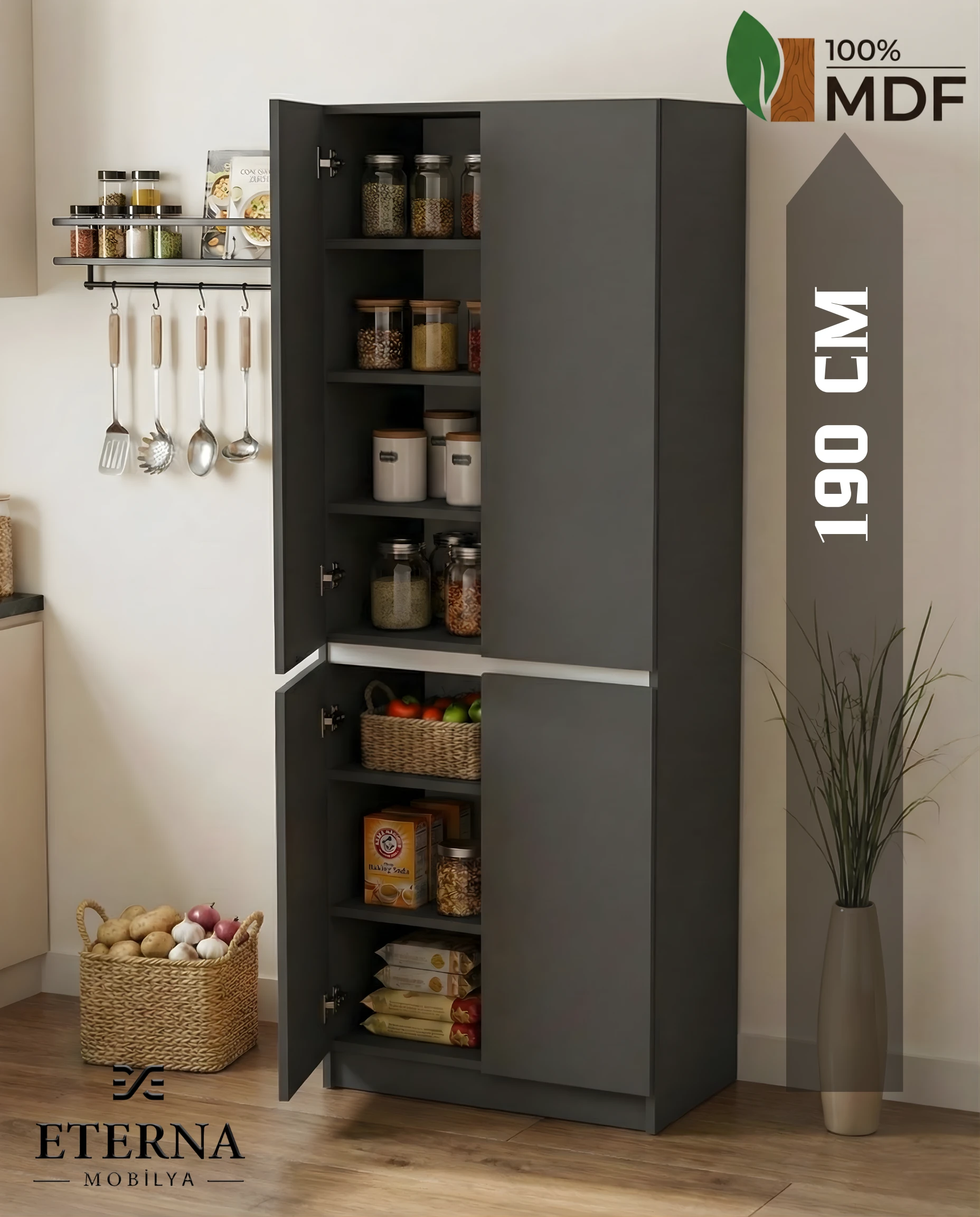4 Kapaklı Çok Amaçlı Dolap Mutfak Dolabı Kiler Dolabı Erzak Dolabı Antrasit